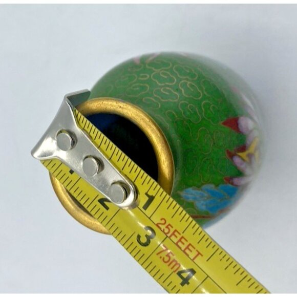 Vintage Cloisonné Bud Vase 3" Green Enamel Brass Floral Design Miniature Retro - Picture 8 of 9